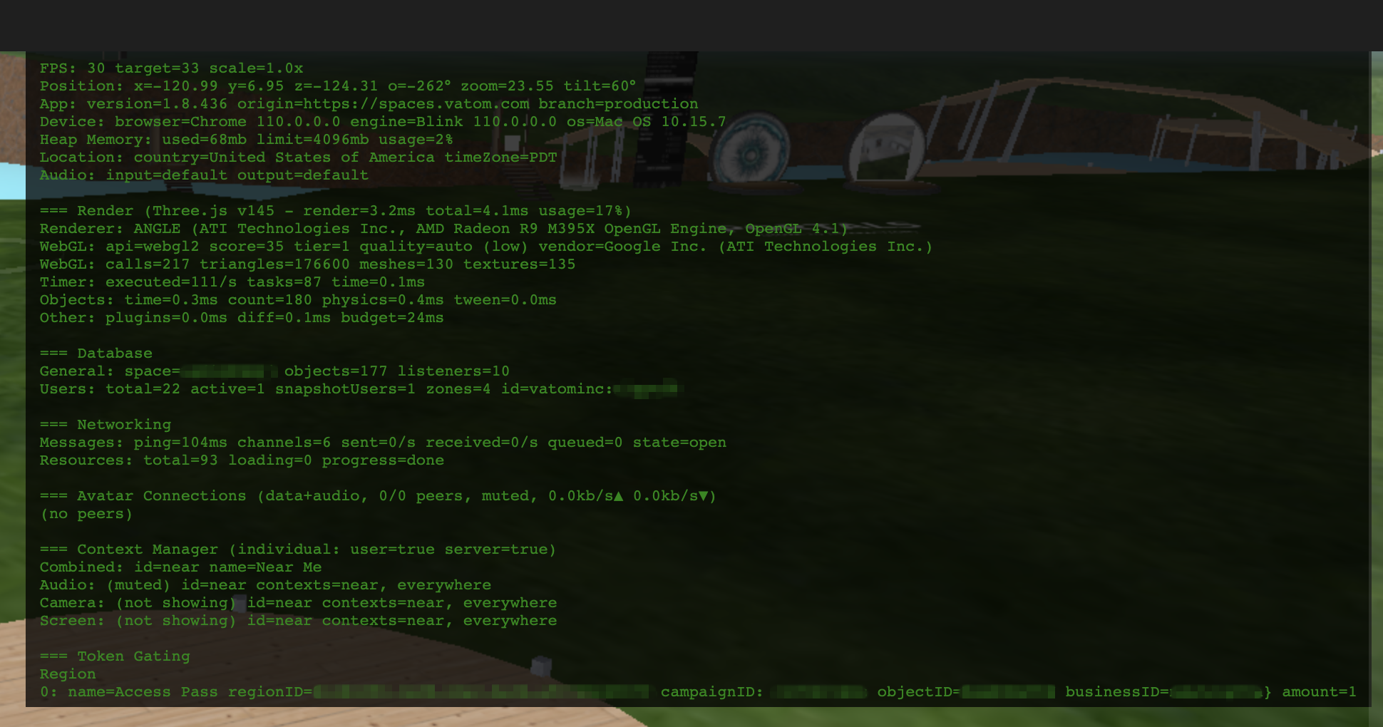 Vatom Spaces Debug Menu