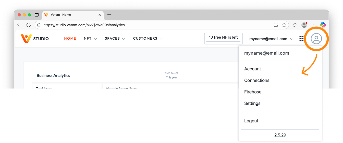 Vatom Studio Dashboard Account