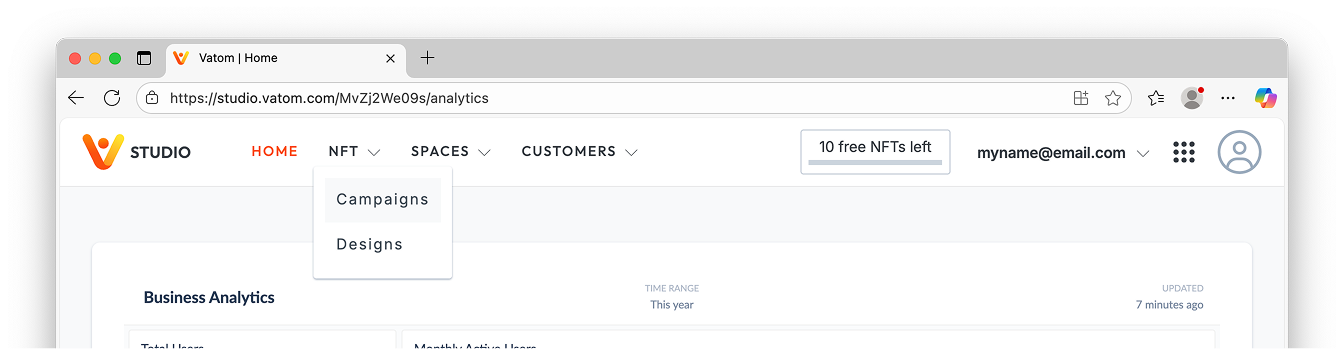 Vatom Studio Dashboard NFTs