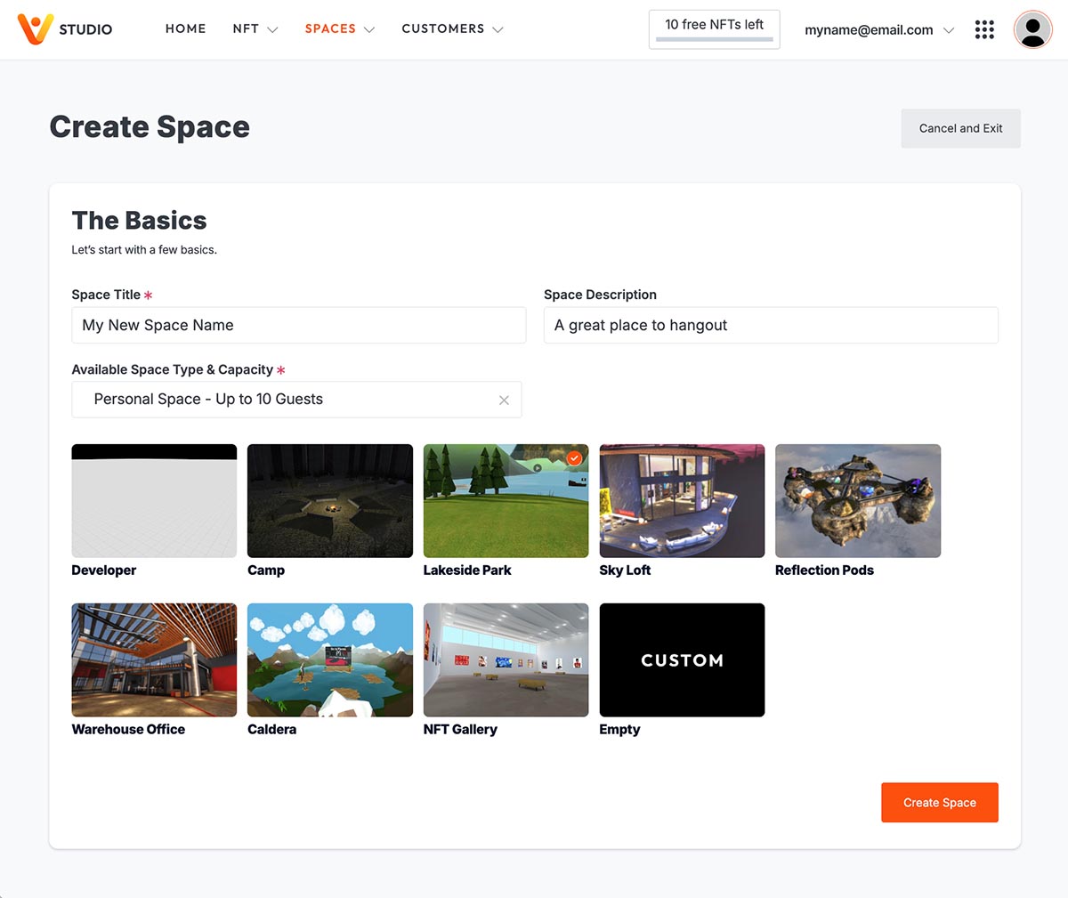 Create New Space: Vatom Studio > Spaces > Setup