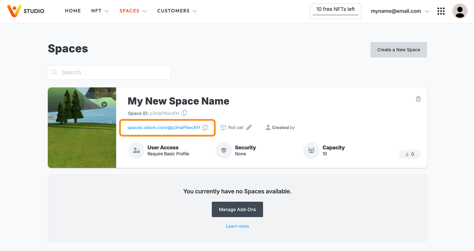 Create New Space: Vatom Studio > Spaces > Setup